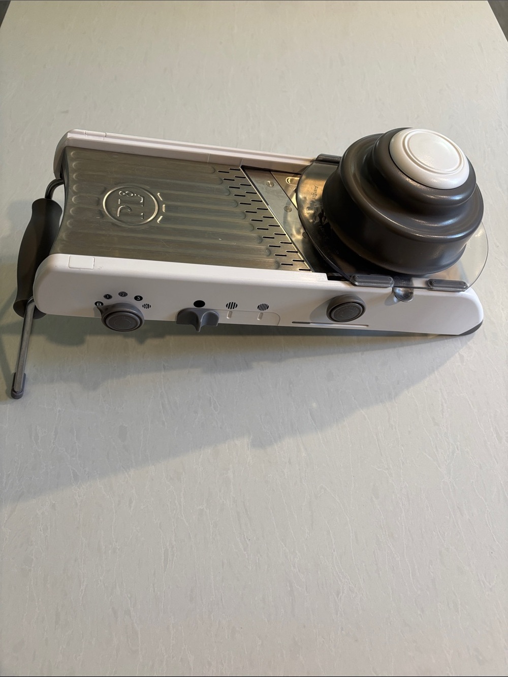 White and Gray Mandoline Slicer with Safety Food Holder